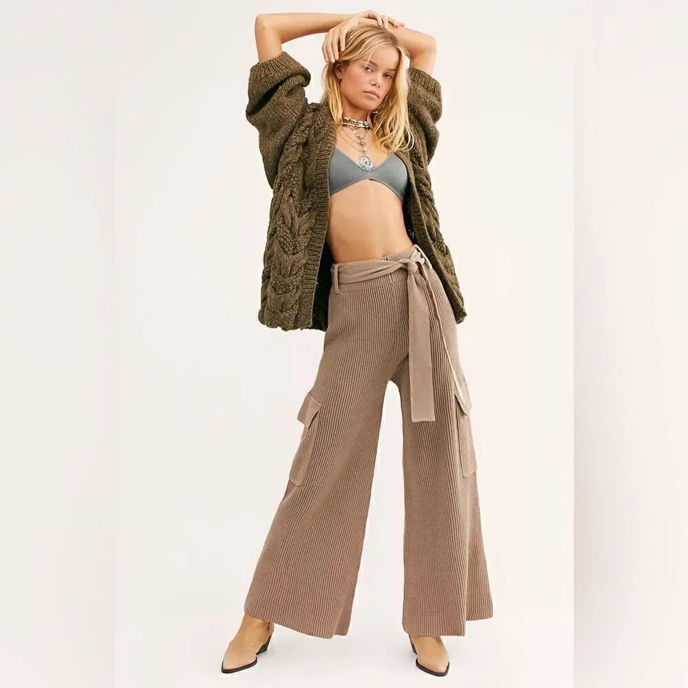 NWT FREE PEOPLE RIBBED WIDE LEG CARGO SWEATER PANTS
